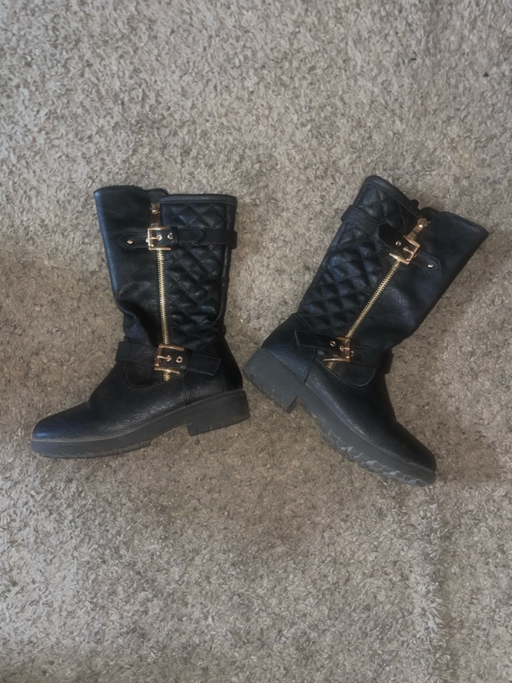 Dream Pairs Black Girls Quilted Moto Boots with Gold Hardware